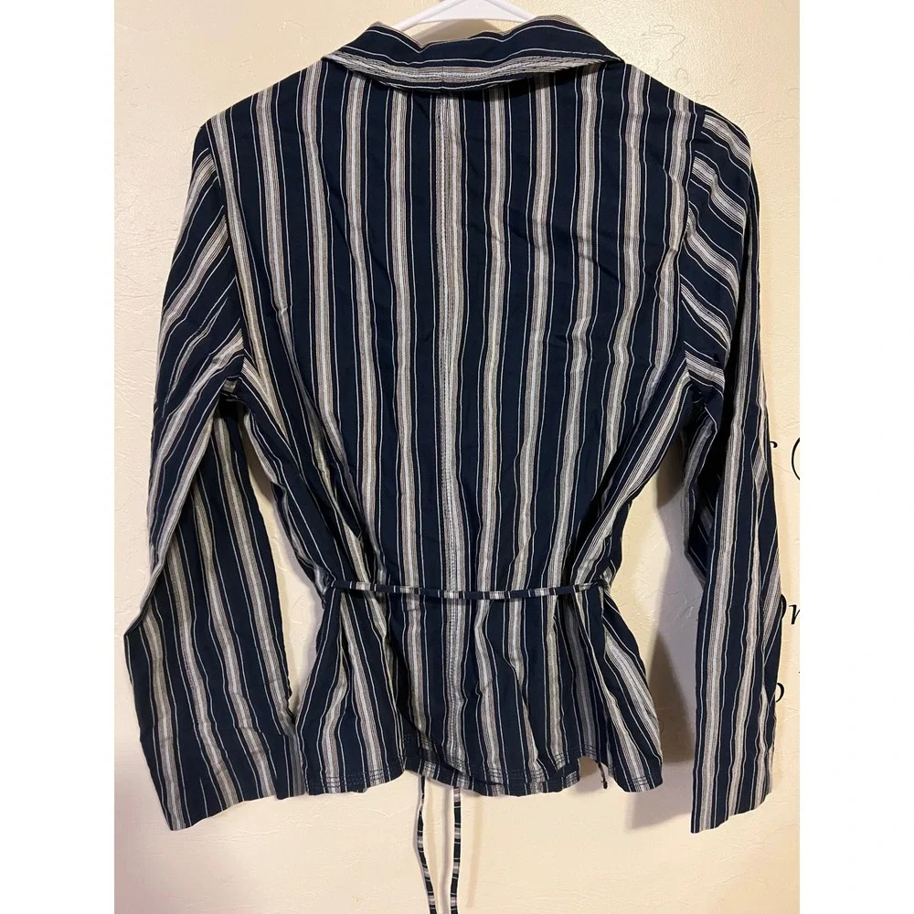 J.Crew Women Navy Blue White Striped Wrap Top Shawl Collar Long Sleeve XS‎ BG322